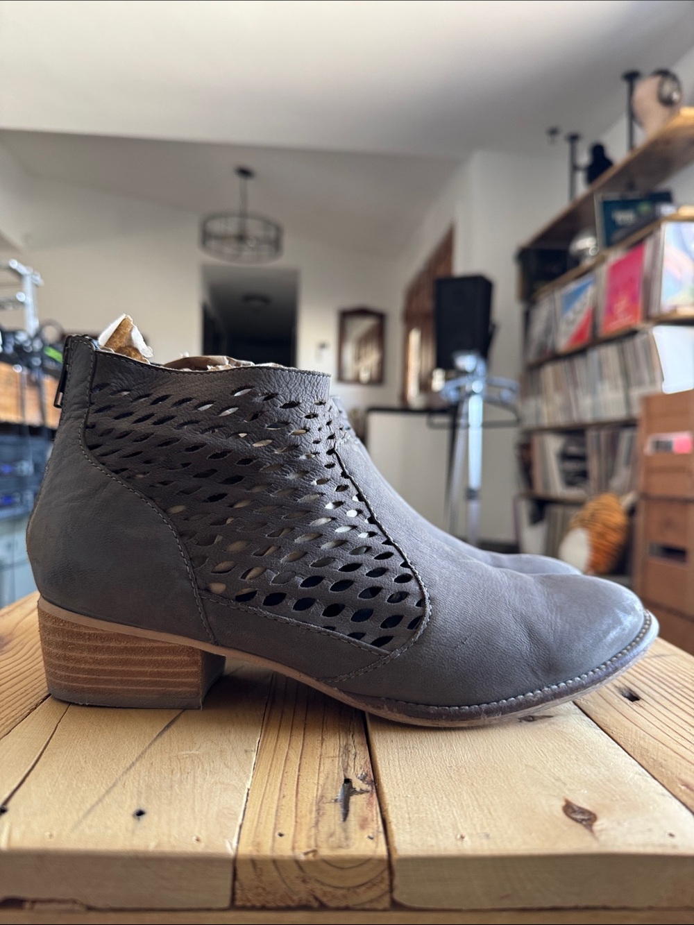 Seychelles Taupe Gray Perforated Genuine Leather Ankle Booties